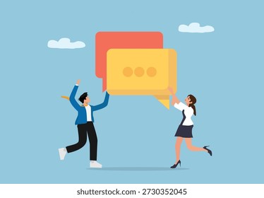 Ilustración de negocios dinámicos de dos Profesionales que saltan hacia burbujas de discurso de gran tamaño que representan la comunicación, la colaboración y la interacción social en un fondo de cielo minimalista