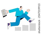 Dynamic business man leaping over obstacles with a briefcase. Career progression and overcoming challenges concept. Vector illustration.