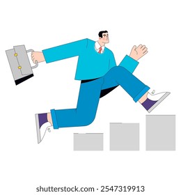 Dynamic business man leaping over obstacles with a briefcase. Career progression and overcoming challenges concept. Vector illustration.