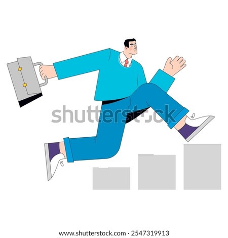 Dynamic business man leaping over obstacles with a briefcase. Career progression and overcoming challenges concept. Vector illustration.