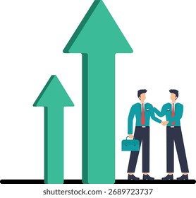 Dynamic business partnership shaking hands alongside rising success arrows, symbolizing growth and achievement in a thriving corporate environment vector style flat illustration