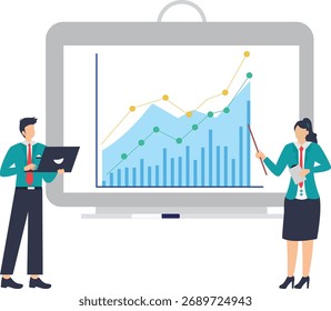 Dynamic business presentation showing growth charts with modern team collaboration for strategic planning and financial success in bright office setting vector style flat illustration