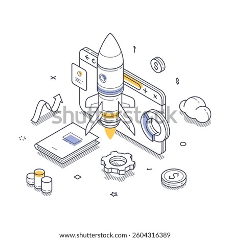 Dynamic business startup environment, featuring a rocket launching from a digital device. Modern isometric line art vector illustration