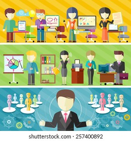 Dynamic business team concept in flat design. Teamwork in office, freelance concepts on banners. Main project manager manages teamwork