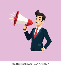 Dynamic Businessman Announcing with Megaphone on Pink Background