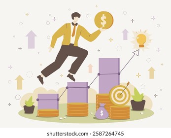 A dynamic businessman leaps towards financial success, symbolized by growth charts, coins, and target representations in a modern vector illustration style, perfect for finance themes.
