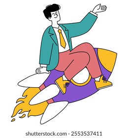 Dynamic businessman on a rocket representing career growth and success. Ambition and innovation in business. Vector illustration.
