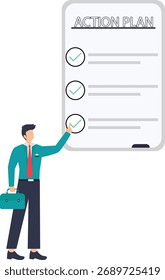 Dynamischer Geschäftsmann prüft Aktionsplan Checkliste für strategisches Wachstum und professionellen Erfolg in modernen Unternehmensumfeld für Business-Lösungen Vektor Stil flache Illustration