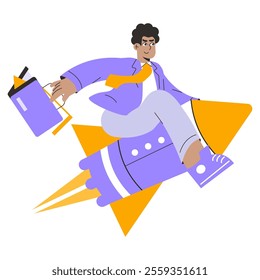 Dynamic businessman riding a rocket symbolizing startup success and growth in a minimalist vector illustration.