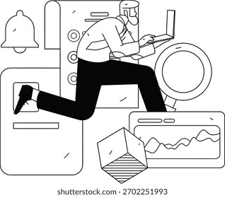 Dynamic businessman sprints forward analyzing financial data on laptop surrounded by business icons for growth and success