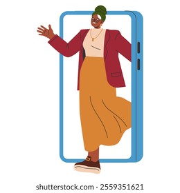 Dynamic businesswoman emerging from a smartphone, symbolizing mobile business communications and online presence. Professional attire and confident posture. Vector illustration.