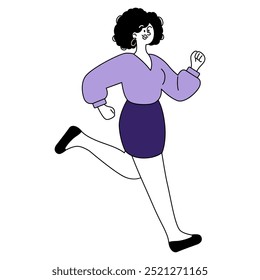 Dynamic businesswoman illustration. A confident female professional hustles forward in stylish attire. Career ambition, progress, and motivation. Vector illustration.
