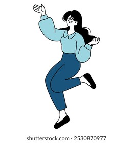 Dynamic businesswoman illustration. A confident woman in casual office attire celebrates success with an enthusiastic gesture. Vector illustration.