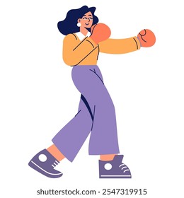 Dynamic businesswoman illustration. An empowered female figure with boxing gloves takes on challenges with confidence. Modern attire and energetic stance. Vector illustration.