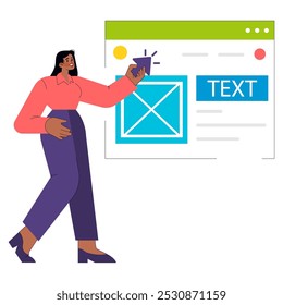 Dynamic businesswoman interacting with a virtual interface for digital content management. Productivity in the modern digital age. Vector illustration.