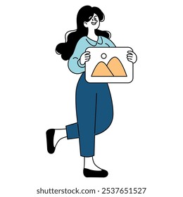 Dynamic businesswoman presenting financial data chart. Confident professional showcasing company growth in a clear graphic. Vector illustration.
