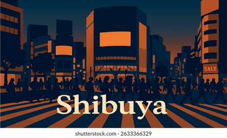A dynamic and bustling illustration of Tokyo’s famous Shibuya Crossing at night, where crowds of pedestrians navigate through the sea of neon lights and city signs