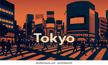 A dynamic and bustling illustration of Tokyo’s famous Shibuya Crossing at night, where crowds of pedestrians navigate through the sea of neon lights and city signs