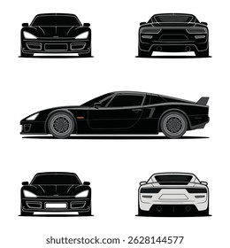 Dynamic Car Silhouette Vector Pack: Multiple Angles of a Contemporary Supercar for Graphic Assets