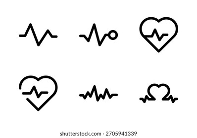 Coleção dinâmica de ícones de cardiograma com batimento cardíaco arrojado e símbolos de pulso médico para aplicativos de saúde, diagnósticos, sistemas de monitoramento e design de interface do usuário do hospital
