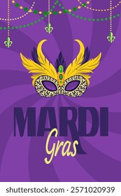 Dynamic carnival flyer with striking mask designed in vertical format Vector template capturing lively atmosphere of masquerade celebration Perfect for event prints, greeting cards and festive banners