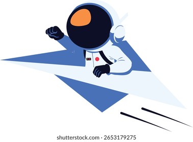 Dynamic cartoon astronaut launching forward on a paper plane-shaped jet. Great for futuristic, comic-style, or motion-inspired digital designs.