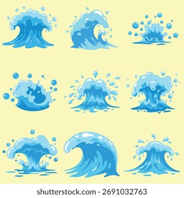 Ondas de agua azul de dibujos animados dinámicos y salpicaduras con espuma blanca h