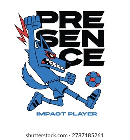 Dynamic cartoon blue wolf soccer player, red and blue ball, lightning bolt. Bold presence, impact player text, modern design.