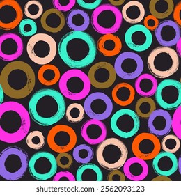 Dynamic cartoon colorful circles background. Doodle fun kid pattern with multicolor brush stroke bubbles. Cool vector design elements for cover, poster, banner, label, fabric, wallpaper, wrapping.	
