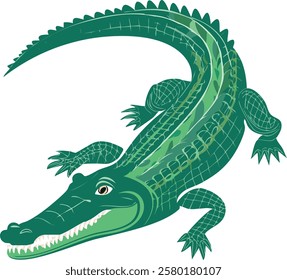 A dynamic cartoon crocodile with its mouth wide open, showing sharp teeth. It appears to be moving forward with a lively and energetic posture, set in a tropical jungle or riverbank setting