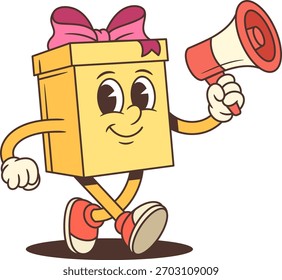 Ilustración vectorial dinámica de la mascota del personaje de la caja de regalo de dibujos animados. El regalo amarillo con lazo rosa sostiene el megáfono rojo y hace gestos enérgicos. Perfecto para campañas de marketing y eventos promocionales