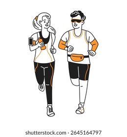 Caricatura dinâmica ilustrando um homem e uma mulher correndo. Ambas estão vestidas com trajes esportivos. O fundo é simples e branco para enfatizar seu movimento e energia.