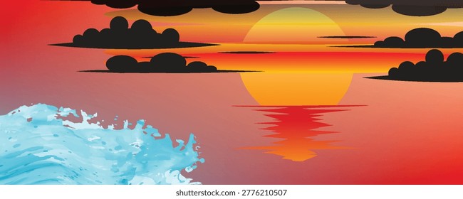 A dynamic cartoon illustration featuring a large golden sun setting over a vibrant red-orange horizon with stylized dark clouds. A textured blue waterfall-like splash creates an artistic wave on the left. Minimalist nature scene with high contrast.