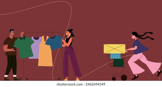 Eine dynamische Cartoon-Illustration von Freunden auf einem Mode-Shopping-Trip.