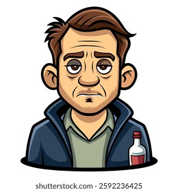 Dynamic cartoon illustration of a man with a frown and large ears, dressed in a green shirt with a blue coat, next to a bottle with red liquid, portraying a sense of frustration or unhappiness