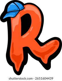 Cartão dinâmico carta "R" gráfico com um boné azul elegante, incorporando uma estética de arte de rua brincalhão, mas ousada. Ideal para logotipos, roupas ou qualquer design que precise de uma vibração contemporânea e fresca.