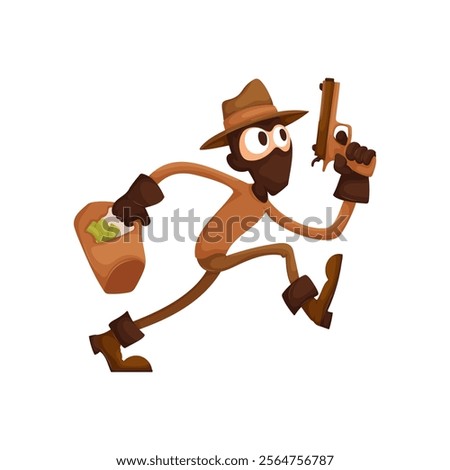 Dynamic cartoon of a masked cowboy thief holding a gun and swinging a sack of loot, ready for action on a white background. Masked Cowboy Robber with Gun and Loot