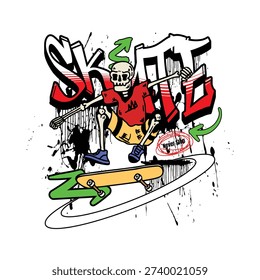 Dynamic cartoon skeleton performing a skateboard trick with graffiti elements and bold colors