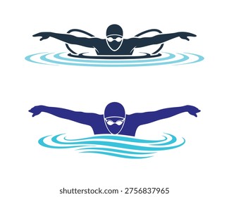 Dynamic Cartoon Swimmer Set – Freestyle Stroke Blue Waves Goggles Silhouette Vector