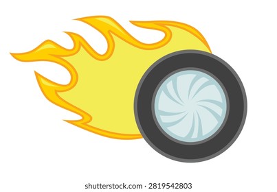 Dynamic cartoon vector illustration of a speeding tire on fire, evoking power, acceleration, and highenergy excitement. Perfect for automotive, racing, and sports designs. Nobody.