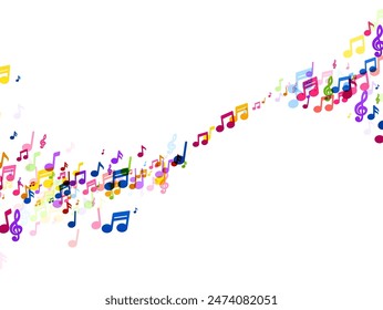 A dynamic cascade of colorful music notes creating an abstract wave, illustrating the movement and flow of music.