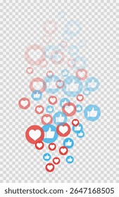 A dynamic cascade of red hearts and blue thumbs-up icons drifts upwards, symbolizing engagement and positive reactions in digital communication. Animated social media likes and hearts floating upwards on a transparent background. EPS10 vector illustrations