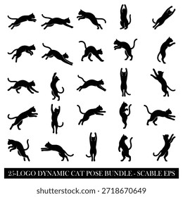 Paquete dinámico del logotipo de la silueta de la pose del gato que ofrece saltos energéticos y diseños felinos juguetones del Vector de la acción