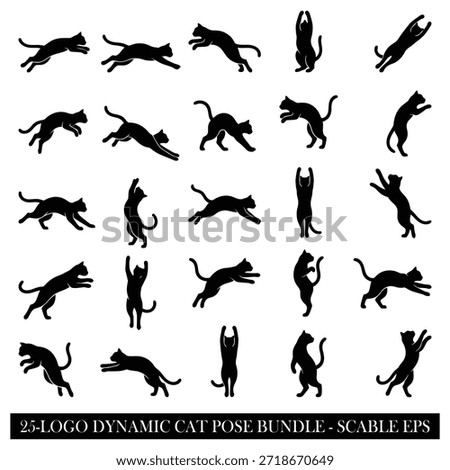 Dynamic cat pose silhouette logo bundle featuring energetic jumping and playful feline action vector designs
