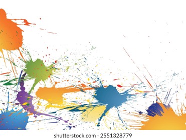 A dynamic and chaotic abstract composition of colorful paint splatters, featuring vibrant orange, green, blue, and yellow hues