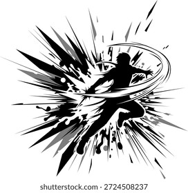 Dynamische Charakter Silhouette inmitten abstrakter Spritzer, perfekt für kühne Werbung, Comics, Spielgrafiken und spannende visuelle Projekte.