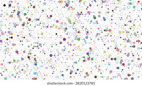 A dynamic and cheerful abstract design featuring a playful scattering of various sized colorful circles and small plus signs on a clean white field, perfect for creative projects.