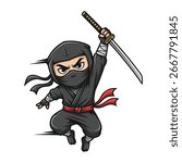 A dynamic chibi ninja character is captured mid-air in a jumping attack pose, wielding a katana. This cartoon assassin looks fierce and ready for battle. Vector Illustration