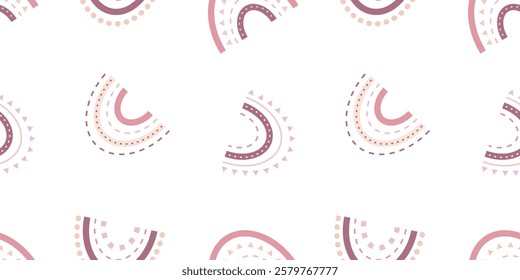 Dynamic children's seamless pattern with rainbows in boho style in pink tones on a white background for textiles, fabric, wrapping paper