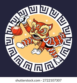 Dynamic Chinese Lion Dance character holding a red lantern celebrating Lunar New Year with a traditional circular border frame for apparel design.